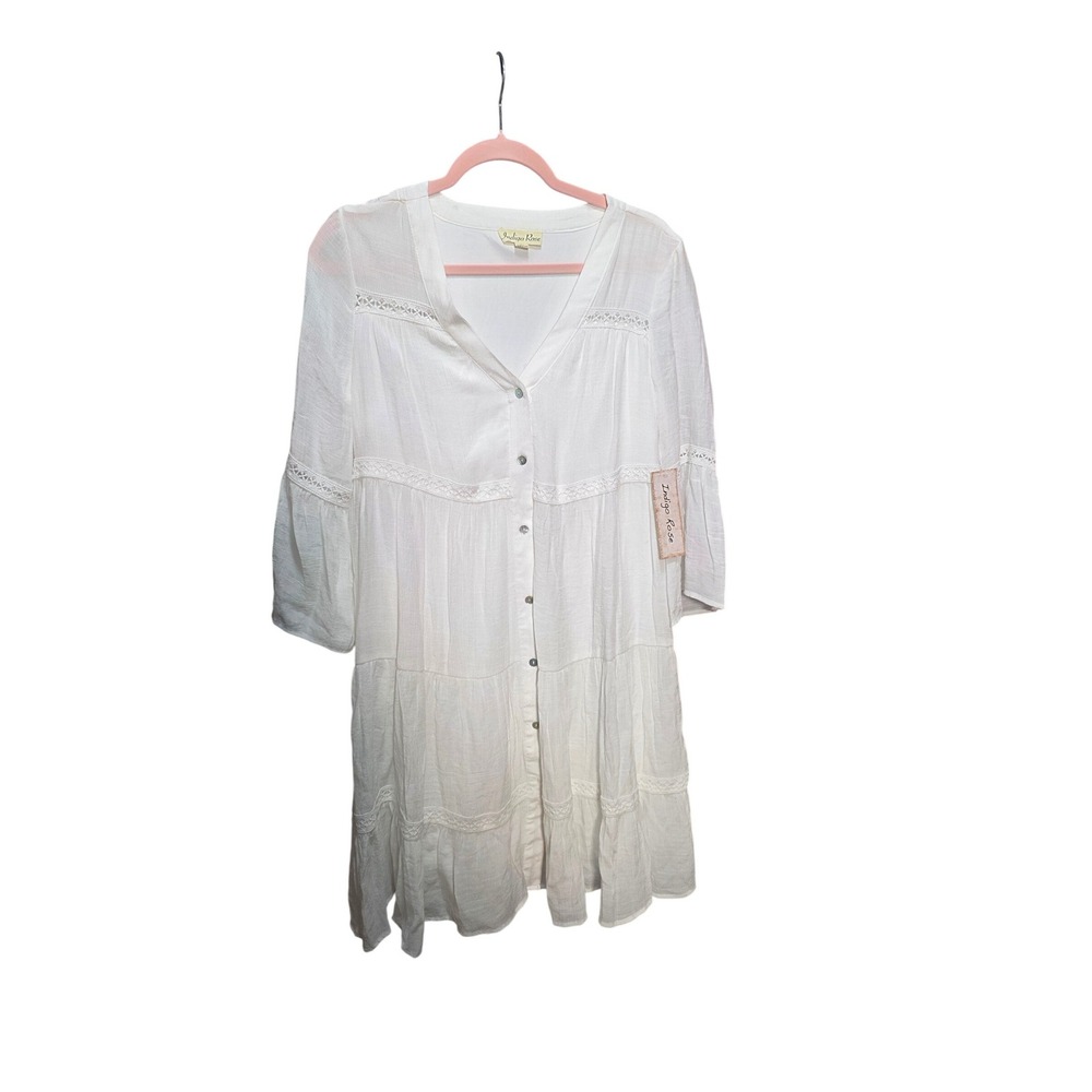 Indigo Rose White Tiered Lace Trim Button Front Boho Mini Dress Size M NWT